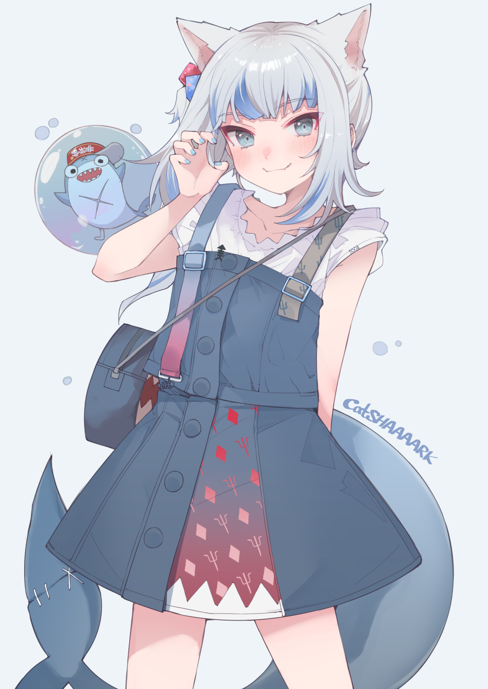 1girl, animal_ears, arm_behind_back, bag, bloop_(gawr_gura), blue_background, blue_dress, blue_eyes
