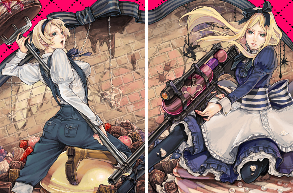 assault_rifle, axis_powers_hetalia, belarus_(hetalia), blonde_hair, dessert, dress, food, gun, hair_ribbon, hairband, long_hair, majiji, multiple_girls, overalls, pantyhose, petticoat, pitchfork, ribbon, rifle, short_hair, siblings, sisters, striped, ukraine_(hetalia), weapon