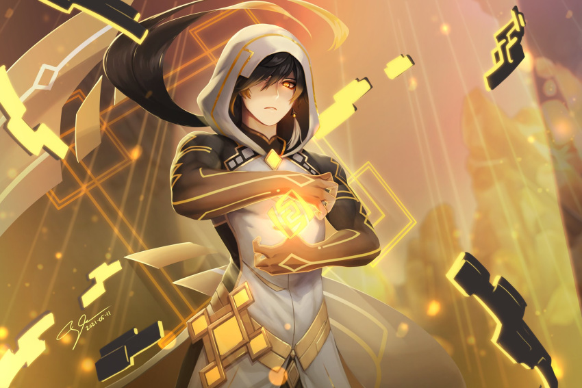 1boy, alternate_costume, arm_tattoo, bangs, bare_shoulders, black_hair, blurry, blurry_background, closed_mouth, coat, coattails, dated, earrings, english_commentary, eyeliner, eyeshadow, floating_rock, genshin_impact, gradient_hair, hair_between_eyes, highres, hood, hood_up, hooded_coat, jewelry, long_hair, looking_at_viewer, makeup, multicolored_hair, nancy_teeple, one_eye_covered, orange_hair, ponytail, red_eyeshadow, signature, sleeveless, solo, tassel, tassel_earrings, tattoo, white_coat, yellow_eyes, zhongli_(genshin_impact)