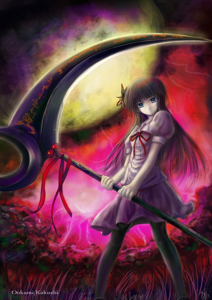 bell, blue_eyes, highres, kushinada_nemuru, moon, night, ookamikakushi, purple_hair