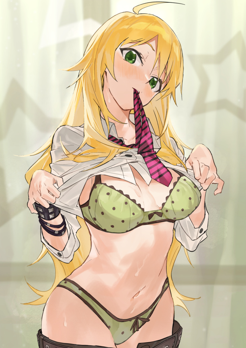1girl, ahoge, bangs, belt, blonde_hair, blurry, blurry_background, blush