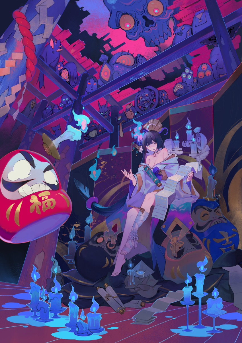 1girl, bangs, black_hair, blunt_bangs, candle, daruma_doll, folding_screen, ghost