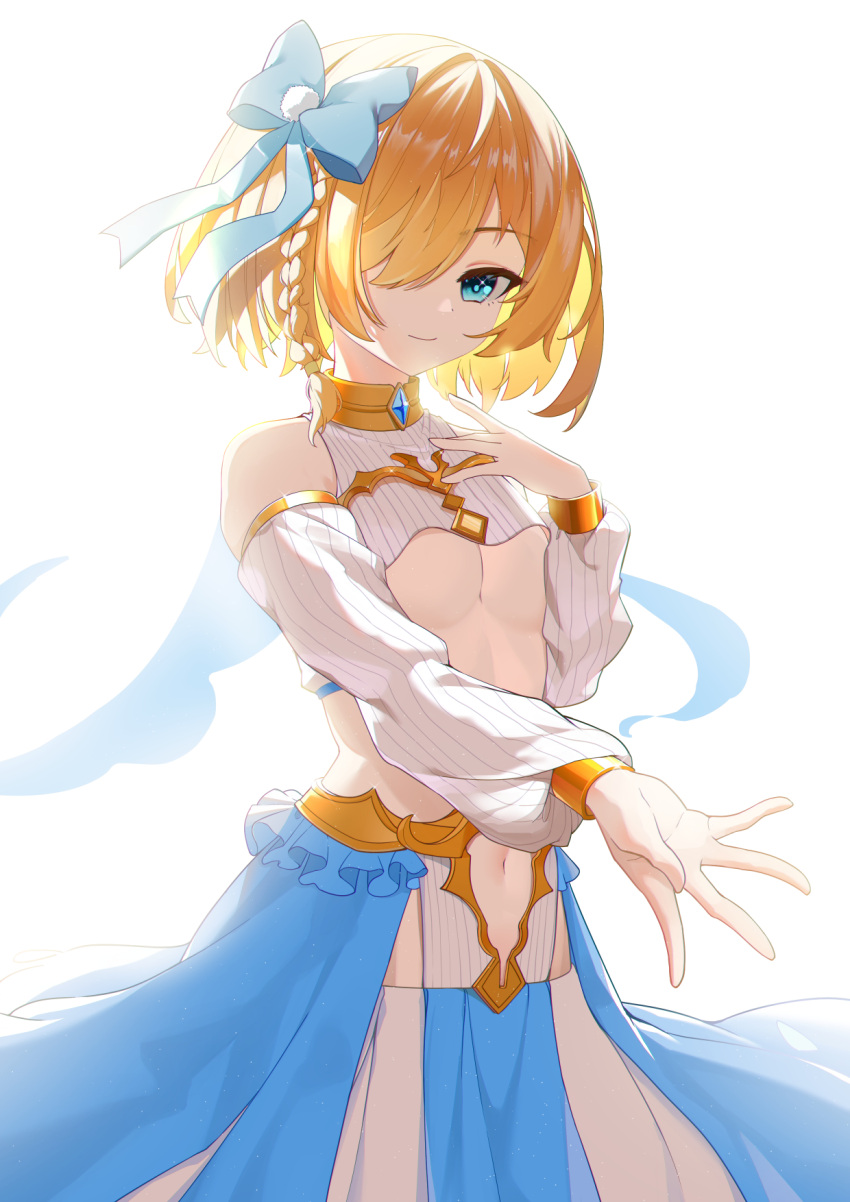 1girl, bangs, bare_shoulders, blonde_hair, blue_bow, blue_eyes, bow, braid