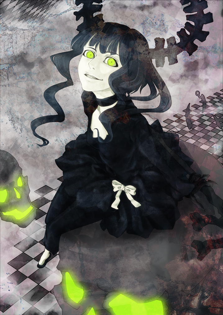 black_hair, black_legwear, black_rock_shooter, curly_hair, dead_master, dress, green_eyes, horns, leggings, long_hair, shorts, sitting, skull, smile, solo, uni_(ateru)