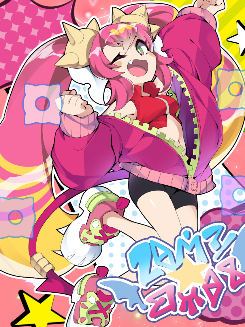 1girl, ;d, armpits, arms_up, bangs, bare_shoulders, bike_shorts, blonde_hair