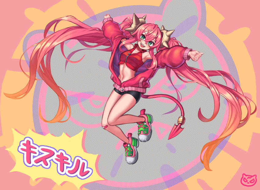 1girl, :d, armpits, bandaid, bandaid_on_knee, bangs, bare_shoulders, bike_shorts