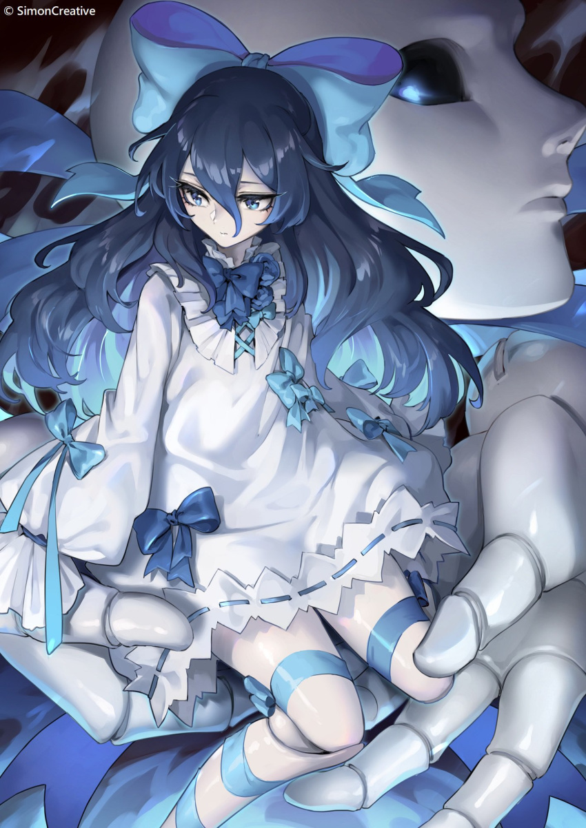 1girl, 1other, black_hair, black_sclera, blue_eyes, bow, colored_sclera, commentary_request