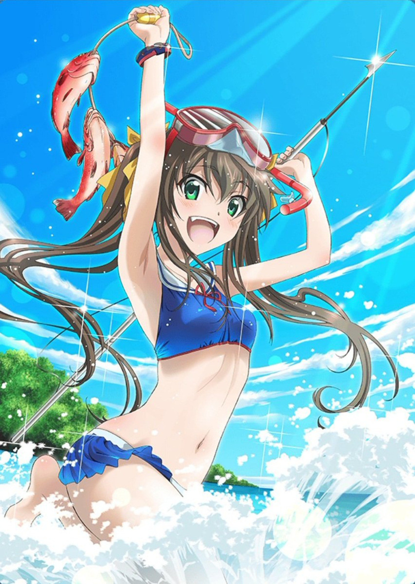 1girl, absurdres, artist_request, bikini, bikini_skirt, blue_bikini, blue_sky, breasts