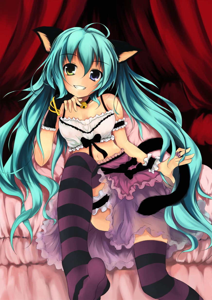 animal_ears, aqua_hair, awl, bad_id, bell, blue_eyes, cat_ears, cat_tail