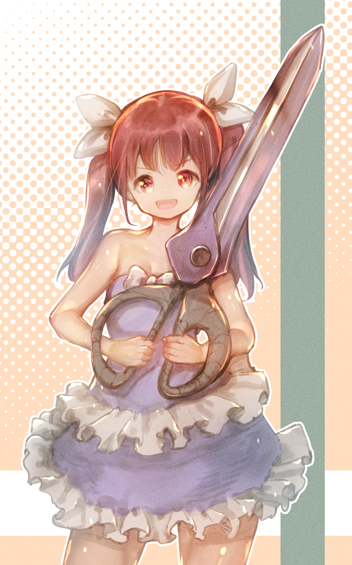 1girl, bare_shoulders, blue_dress, bow, brown_eyes, brown_hair, character_request, commentary_request