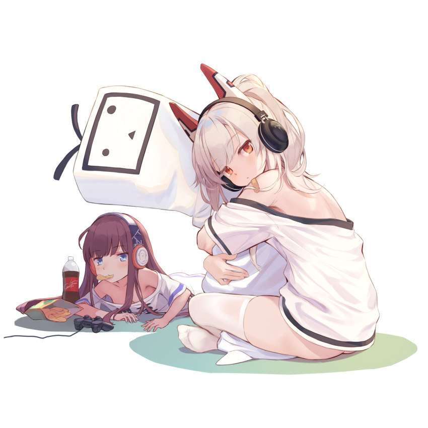2girls, ayanami_(azur_lane), ayanami_(niconico)_(azur_lane), azur_lane, bag_of_chips, bandaid, bandaid_on_arm, bare_shoulders, blue_eyes, brown_hair, chips, coca-cola, colored_shadow, controller, food, game_controller, headgear, headphones, highres, leaning_forward, long_island_(azur_lane), looking_at_viewer, looking_to_the_side, lying, multiple_girls, no_shoes, off_shoulder, on_stomach, pillow, pillow_hug, ponytail, potato_chips, red_eyes, shadow, shirt, short_sleeves, sitting, skindentation, soda_bottle, thigh-highs, u_jie, white_background, white_legwear, white_shirt