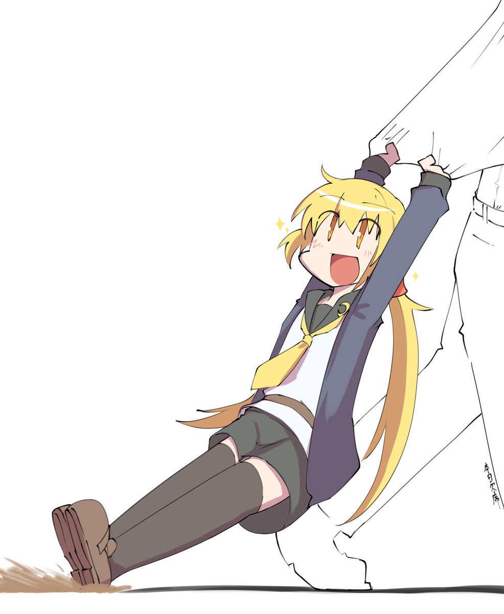 1boy, 1girl, admiral_(kancolle), armband, black_legwear, black_sailor_collar, blonde_hair, blue_jacket, crescent, crescent_pin, dragging, folding, full_body, highres, honketsu, jacket, kantai_collection, long_hair, low_twintails, neckerchief, necktie, remodel_(kantai_collection), sailor_collar, satsuki_(kancolle), school_uniform, serafuku, shirt, smile, solo_focus, thigh-highs, twintails, white_shirt, yellow_neckwear