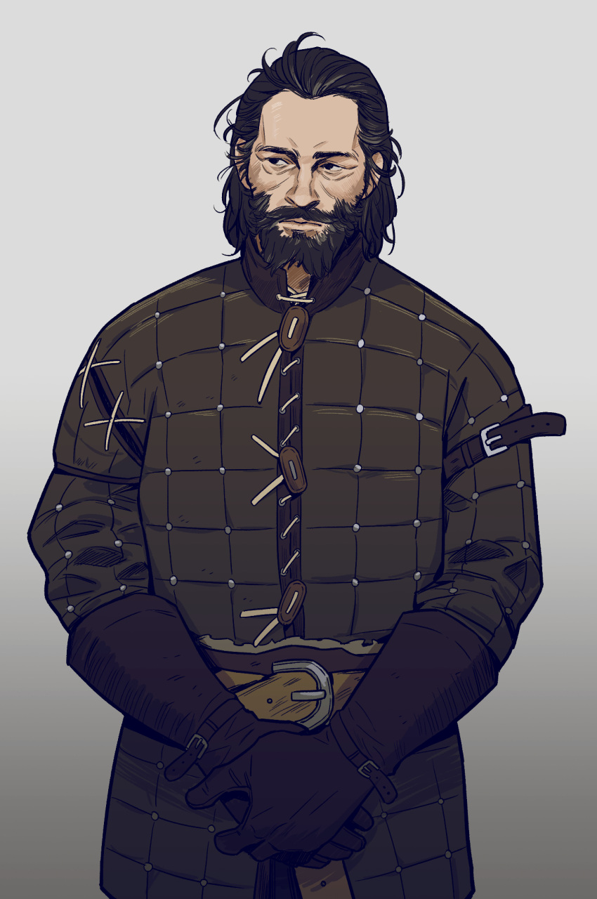1boy, beard, belt, black_eyes, blackwall, brown_hair, cheetahman_(1ddghfr78cswc), dragon_age:_inquisition, facial_hair, gloves, grey_background, hands_together, highres, looking_to_the_side, male_focus, medium_hair, mustache, quilted_clothes, simple_background, solo, standing