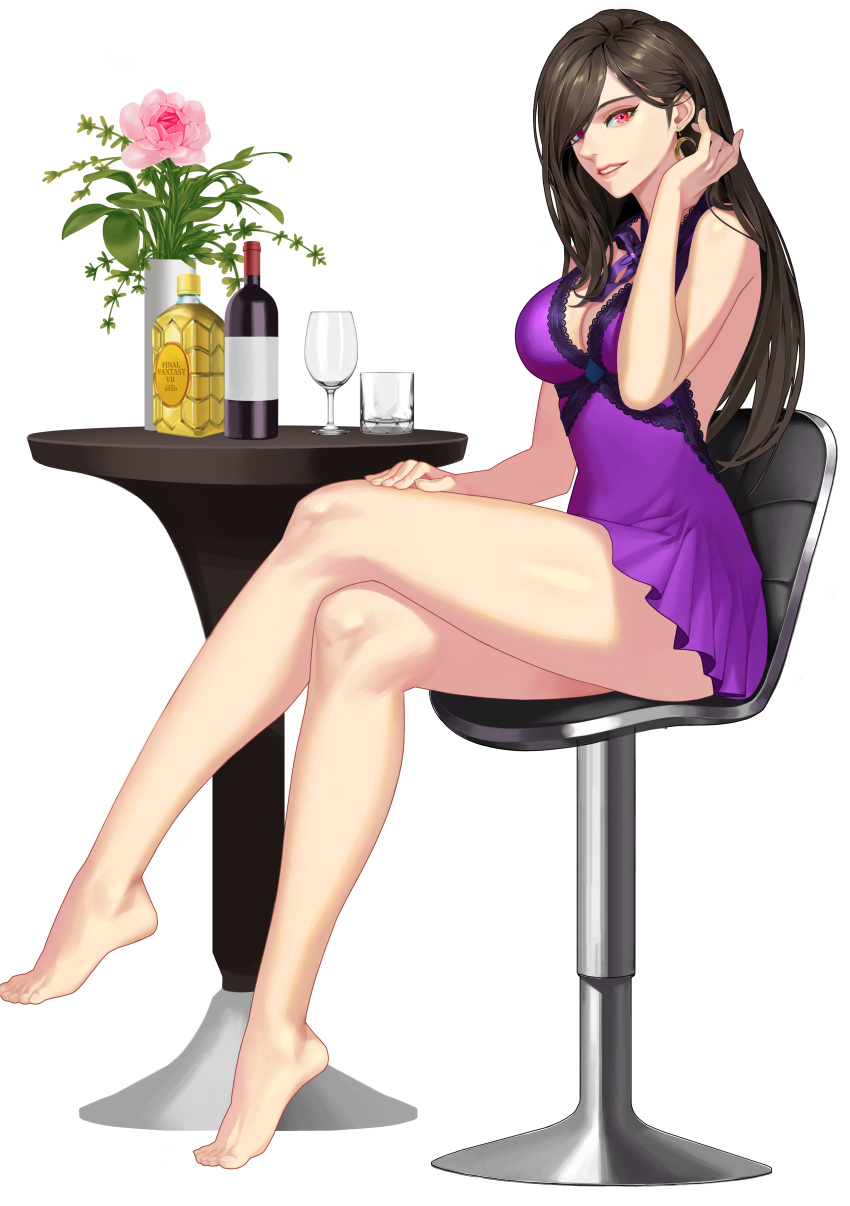 1girl, absurdres, bare_legs, barefoot, black_hair, bottle, breasts, crossed_legs
