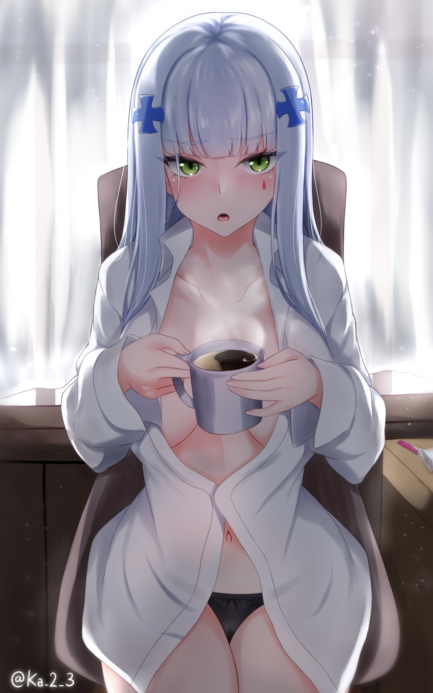 1girl, absurdres, artist_name, bangs, black_panties, blunt_bangs, breasts, chair, coffee, collarbone, commentary_request, cup, curtains, dress_shirt, drink, dust_particles, eyebrows_visible_through_hair, eyes_visible_through_hair, facial_mark, facing_viewer, girls_frontline, green_eyes, hair_ornament, highres, hk416_(girls_frontline), holding, holding_cup, indoors, katsumi-kun, large_breasts, long_hair, long_sleeves, looking_at_viewer, mug, navel, no_bra, on_chair, open_clothes, open_mouth, open_shirt, panties, shirt, signature, silver_hair, sitting, solo, steam, teardrop, twitter_username, underwear, white_shirt