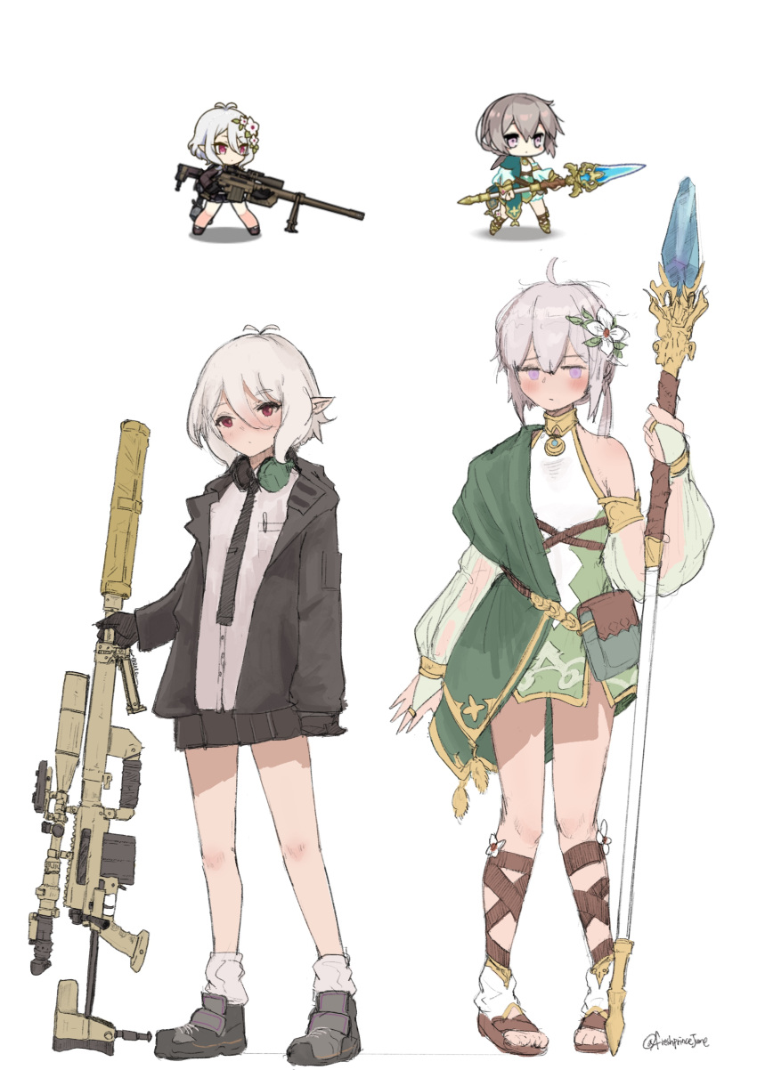 2girls, absurdres, ahoge, antenna_hair, arm_cuffs, artist_name, bangs, bare_legs, bare_shoulders, black_gloves, black_jacket, black_skirt, blush, bolt_action, boots, bridal_gauntlets, cheytac_m200, chibi, closed_mouth, commentary, cosplay, costume_switch, detached_sleeves, dress, elf, english_commentary, expressionless, eyebrows, eyebrows_visible_through_hair, flat_chest, flower, freshprincejune, girls_frontline, gloves, green_dress, grey_footwear, grey_hair, gun, hair_flower, hair_ornament, headphones, headphones_around_neck, highres, holding, holding_spear, holding_weapon, jacket, jewelry, kokkoro_(princess_connect!), kokkoro_(princess_connect!)_(cosplay), looking_at_viewer, m200_(girls_frontline), m200_(girls_frontline)_(cosplay), miniskirt, multiple_girls, necklace, necktie, pink_eyes, pointy_ears, polearm, princess_connect!, princess_connect!_re:dive, rifle, sandals, scope, see-through_sleeves, shirt, sidelocks, signature, simple_background, sketch, skirt, sleeveless, sleeveless_dress, sniper_rifle, sniper_scope, socks, spear, suppressor, thighs, tripod, violet_eyes, weapon, white_background, white_legwear, white_shirt, wrist_cuffs