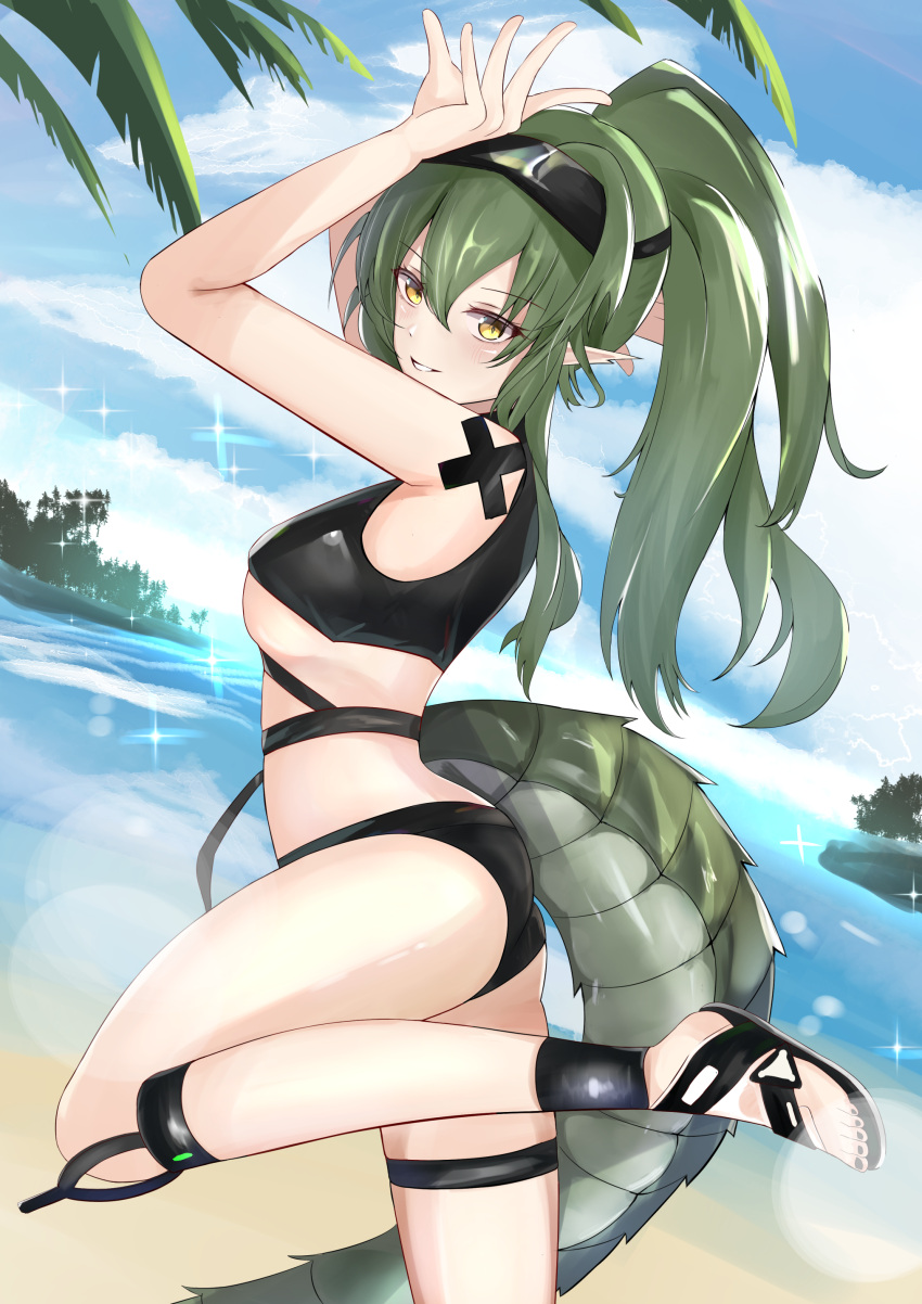 1girl, absurdres, alternate_costume, ankle_strap, arknights, beach, bikini, black_bikini
