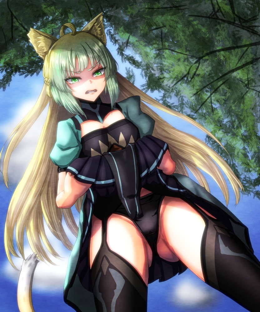 1girl, ahoge, animal_ears, atalanta_(fate), blonde_hair, cat_ears, dress, fate/apocrypha, fate/grand_order, fate_(series), free_note017, green_hair, lifted_by_self, long_hair, multicolored_hair, puffy_short_sleeves, puffy_sleeves, short_sleeves, solo, two-tone_hair