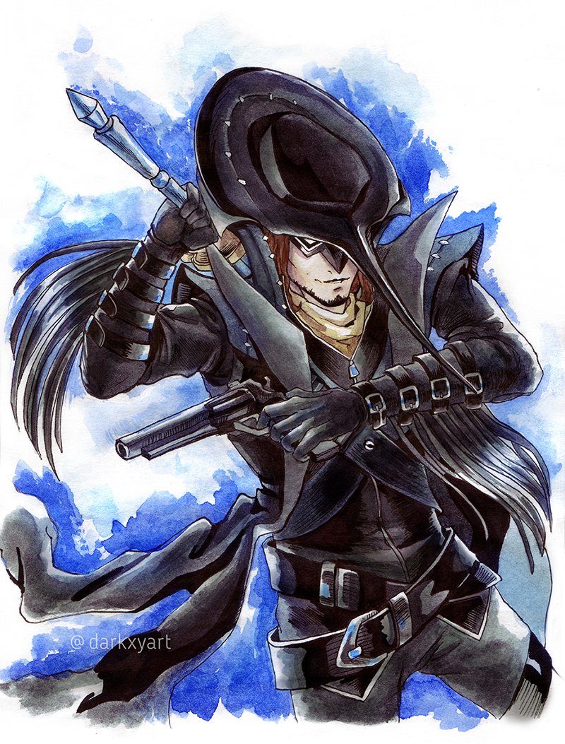arms_up, bandolier, beard, belt, black_coat, black_gloves, black_headwear, black_jacket