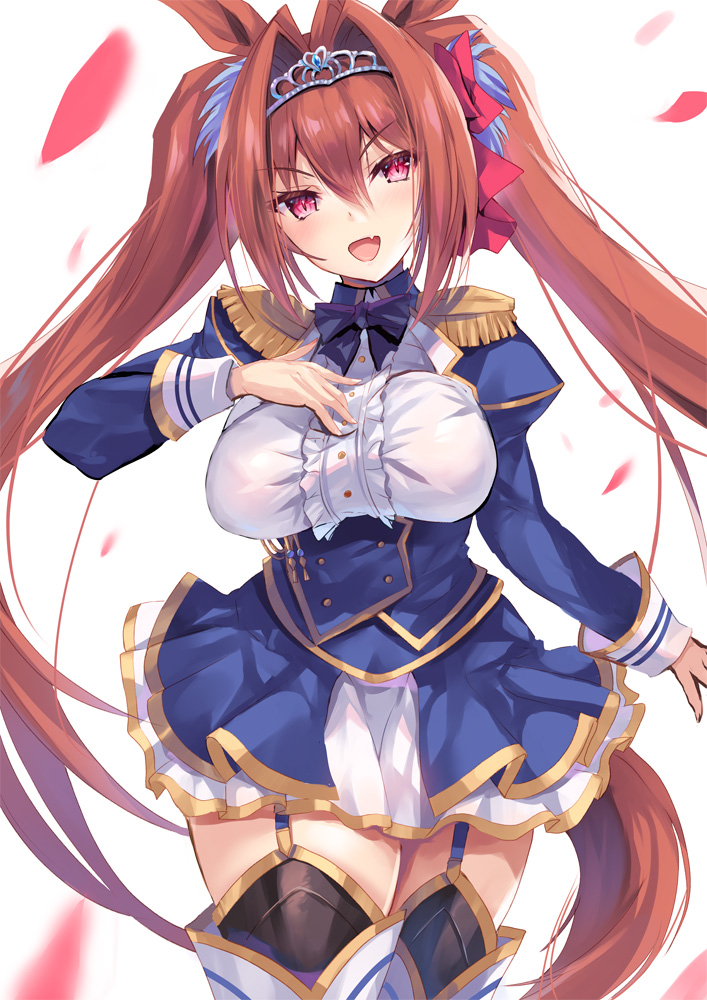 1girl, animal_ears, bangs, black_legwear, blue_dress, blush, boots, breasts