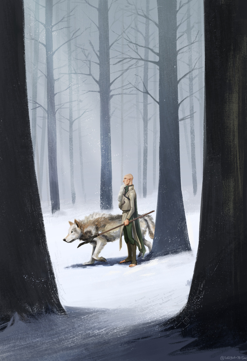 1boy, artist_name, bald, bare_tree, boots, cape, cheetahman_(1ddghfr78cswc), dragon_age, dragon_age:_inquisition, elf, forest, from_side, highres, male_focus, nature, outdoors, pants, pointy_ears, polearm, shirt, snow, snowing, solas, solo, spear, tree, weapon, winter, wolf