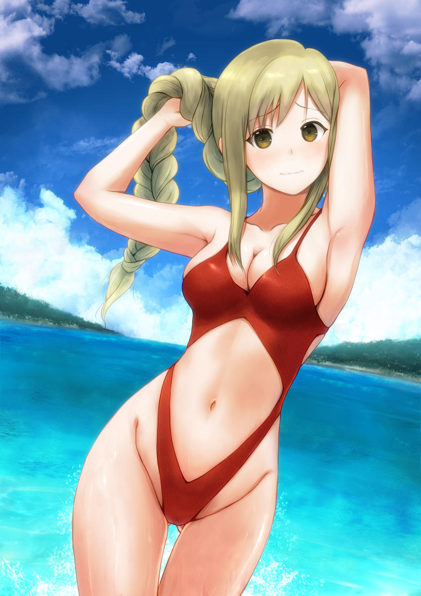1girl, ass_visible_through_thighs, beach, blonde_hair, blue_sky, braid, breasts, brown_eyes