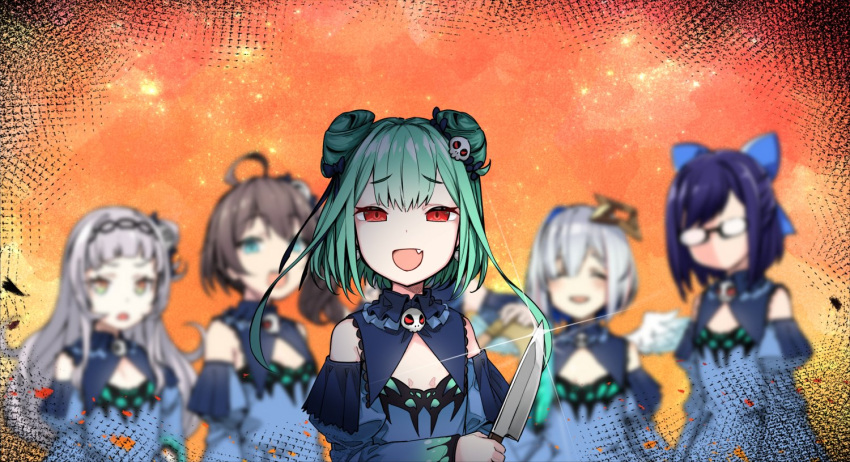 6+girls, amane_kanata, angel, axe, bangs, bare_tree, blue_dress, blue_hair