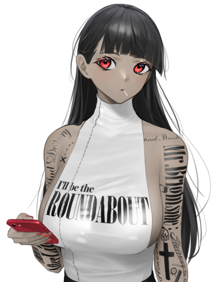 1girl, arm_tattoo, bangs, black_hair, blunt_bangs, breasts, cross_tattoo, holding, holding_phone, iris_(norunollu), large_breasts, long_hair, norunollu, original, phone, print_shirt, red_eyes, shirt, simple_background, sleeveless, sleeveless_shirt, solo, tattoo, upper_body, white_background