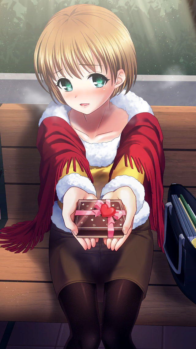 1girl, bag, bangs, bench, black_legwear, blush, box, brown_hair