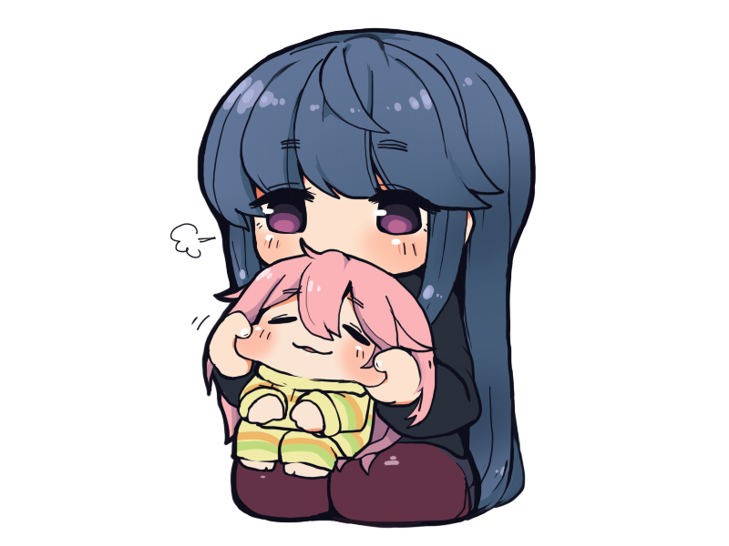 2girls, :3, arms_up, bangs, barefoot, black_sweater, blue_hair, blush