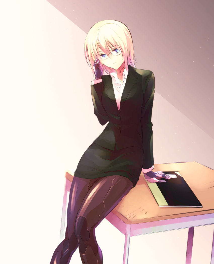 1girl, absurdres, adjusting_eyewear, alternate_costume, android, blue_eyes, desk, expressionless