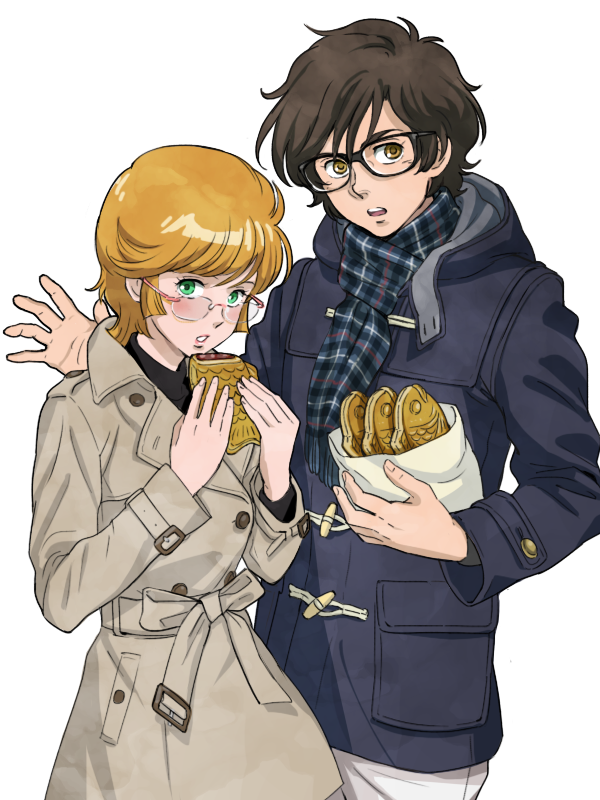 1boy, 1girl, audrey_burne, banagher_links, blonde_hair, brown_eyes, brown_hair, coat