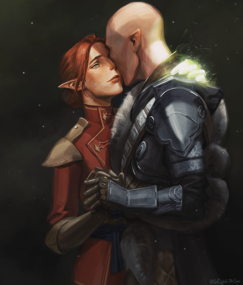1boy, 1girl, armor, artist_name, bald, cheetahman_(1ddghfr78cswc), couple, dragon_age