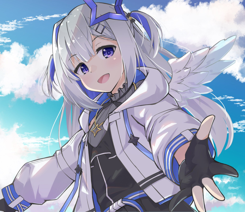 1girl, alternate_hairstyle, amane_kanata, angel_wings, casual, clouds, commentary, fingerless_gloves