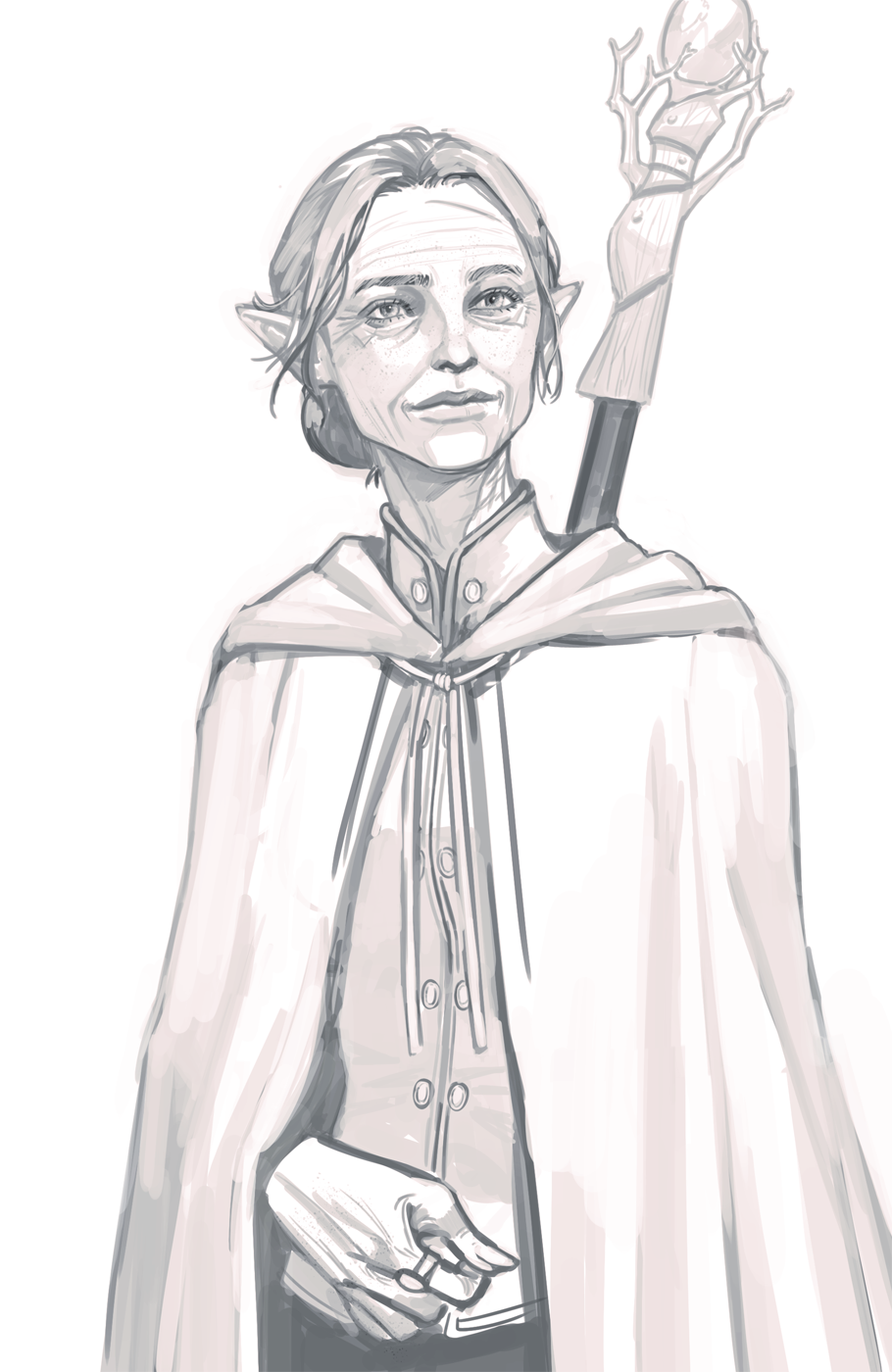 1girl, cheetahman_(1ddghfr78cswc), cloak, dragon_age, dragon_age:_inquisition, elf, freckles, greyscale, hair_bun, highres, inquisitor_(dragon_age), jewelry, monochrome, old, old_woman, pointy_ears, ring, shirt, smile, solo, staff, white_background, wrinkles