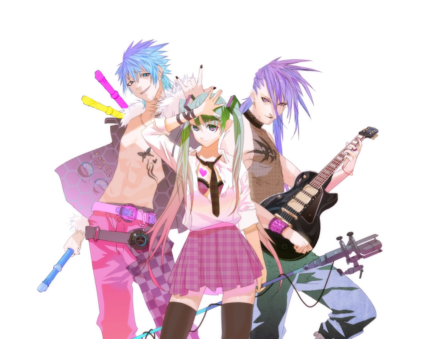 alternate_hairstyle, aqua_eyes, aqua_hair, belt, blue_eyes, blue_hair, bra, earrings, fishnets, flute, guitar, hatsune_miku, heart, instrument, jewelry, kaito, kamui_gakupo, lingerie, long_hair, microphone, microphone_stand, necktie, ochirucchuru, ochurucchuru, open_clothes, open_shirt, purple_eyes, purple_hair, ring, shirt, skirt, smile, tattoo, thigh-highs, thighhighs, twintails, underwear, violet_eyes, vocaloid, zettai_ryouiki
