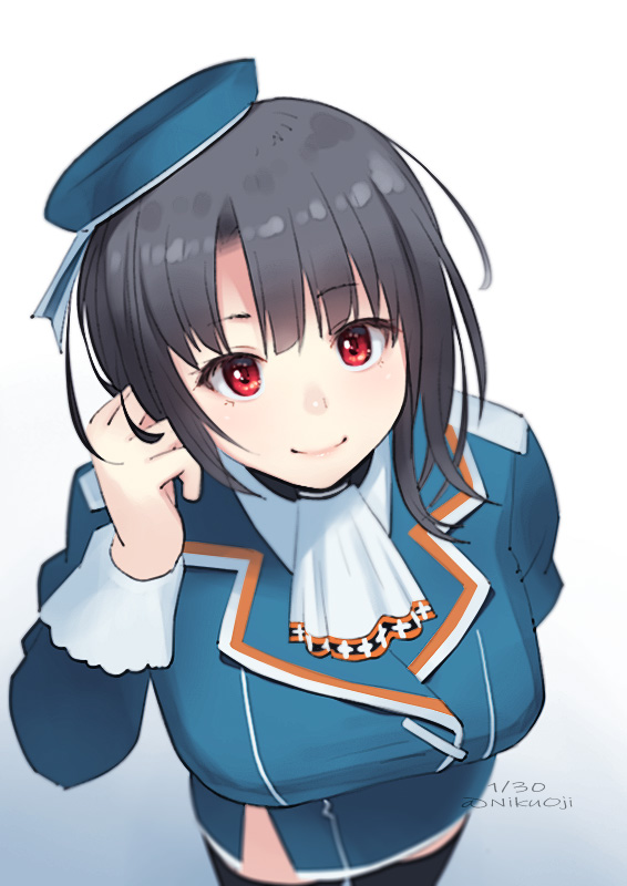 1girl, ascot, beret, black_gloves, black_hair, black_legwear, blue_background, blush
