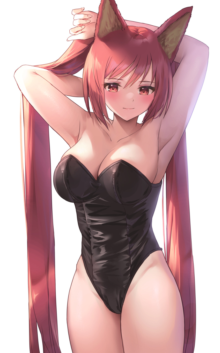1girl, animal_ears, armpits, bangs, black_leotard, blush, breasts, cerberus_(shingeki_no_bahamut)
