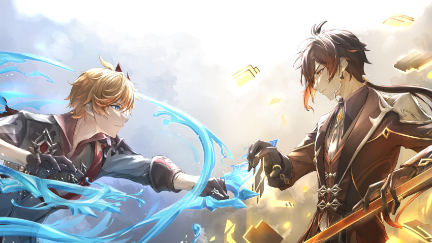 2boys, bangs, black_gloves, blue_eyes, brown_hair, collared_shirt, commentary_request, earrings