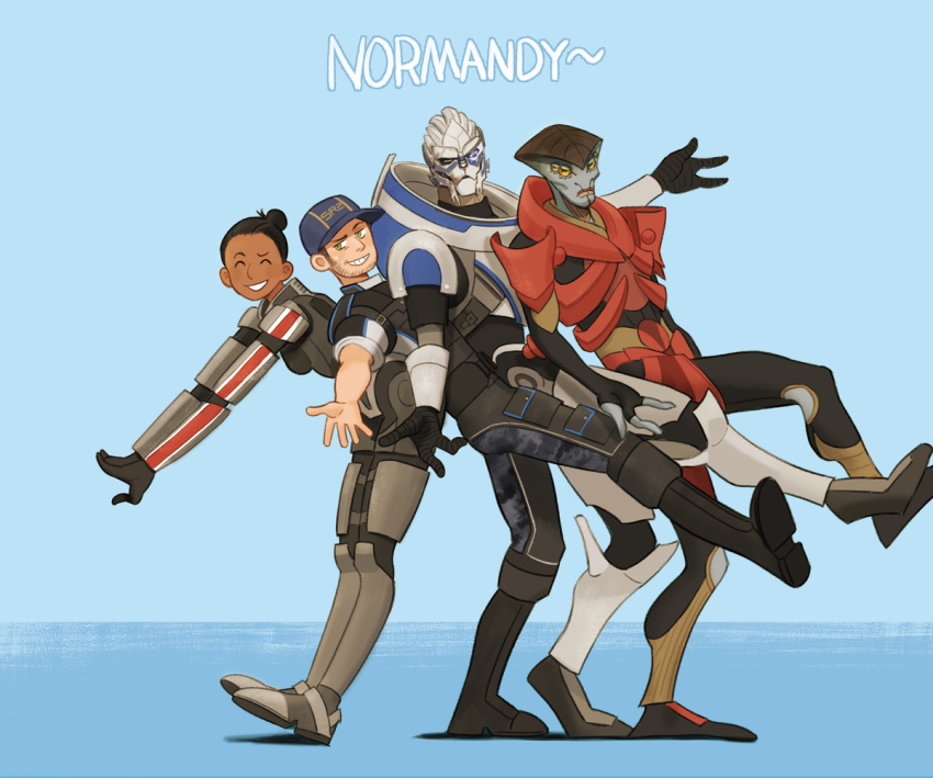 1girl, 3boys, alien, armor, baseball_cap, black_hair, boots, cheetahman_(1ddghfr78cswc)