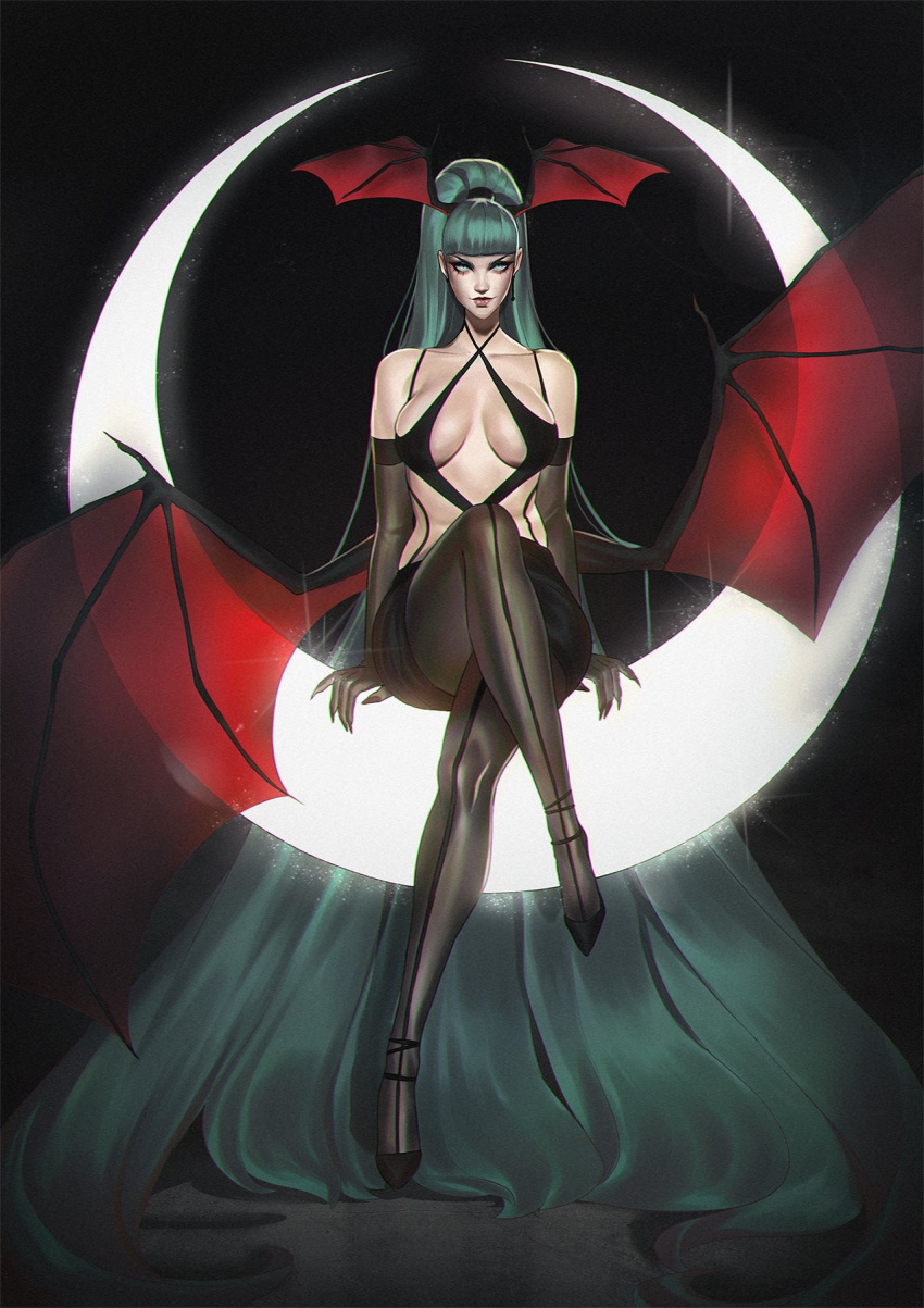 1girl, absurdly_long_hair, alternate_costume, aqua_hair, bangs, bat_wings, black_legwear, blunt_bangs