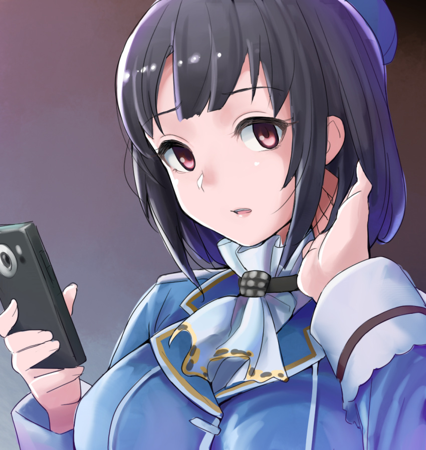 1girl, ascot, beret, black_background, black_hair, blue_headwear, blush, breasts, cellphone, eyebrows_visible_through_hair, gradient, gradient_background, hair_between_eyes, hat, highres, holding, holding_phone, indoors, kantai_collection, large_breasts, military, military_uniform, mizuki_kyou, open_mouth, phone, red_eyes, short_hair, smartphone, smile, solo, takao_(kancolle), uniform, upper_body