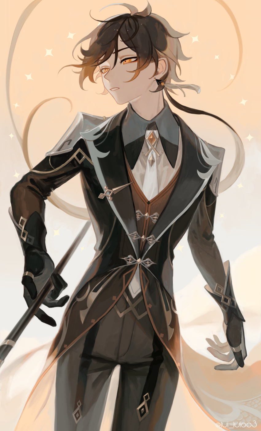 1boy, absurdres, bangs, black_gloves, brown_hair, collared_shirt, commentary_request, earrings