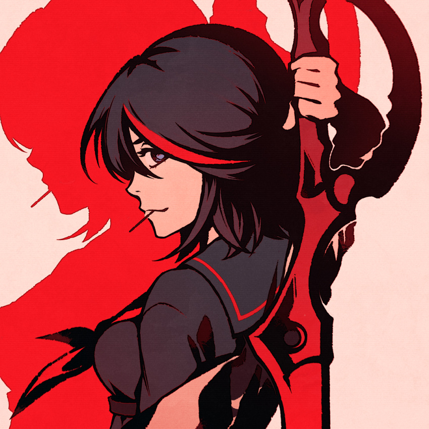 :3, black_hair, black_sailor_collar, black_serafuku, blue_eyes, bob_cut, breasts, brown_background