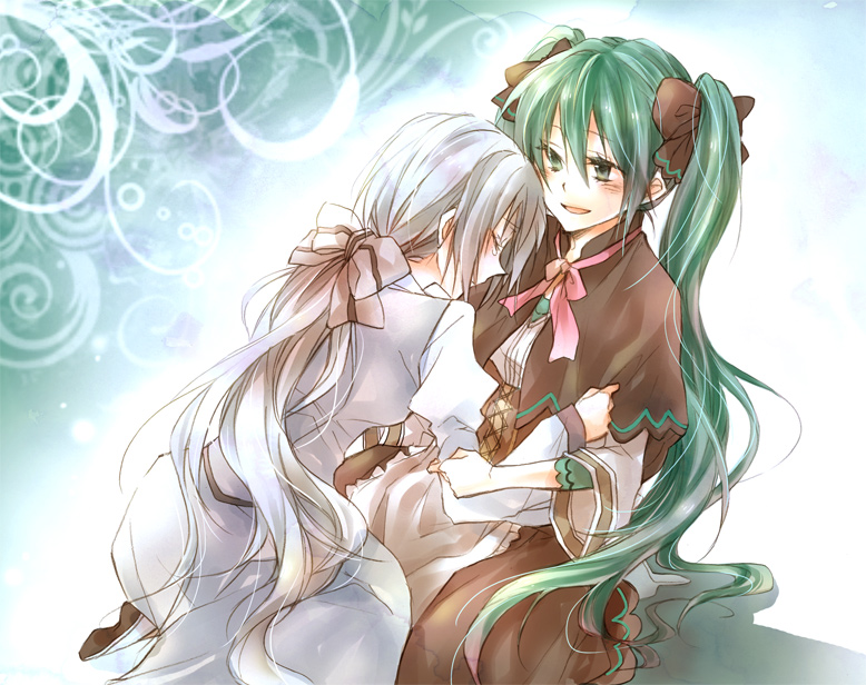 aku_no_musume_(vocaloid), green_eyes, green_hair, hatsune_miku, multiple_girls, ponytail, puttynn, shiro_no_musume_(vocaloid), silver_hair, tears, twintails, victorian, vocaloid, voyakiloid, yowane_haku