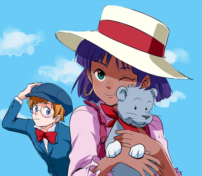 1girl, butanoketu_gto, closed_mouth, clouds, dark_skin, dark-skinned_female, earrings, fushigi_no_umi_no_nadia
