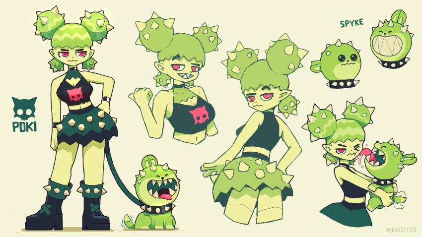 1girl, absurdres, black_footwear, black_shirt, black_skirt, boots, cactus_girl, character_name