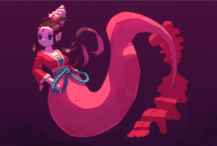 1girl, black_background, black_hair, blue_eyes, fins, floating_hair, gaziter, highres, long_hair, long_sleeves, mermaid, monster_girl, original, red_shirt, rope, shirt, simple_background, solo
