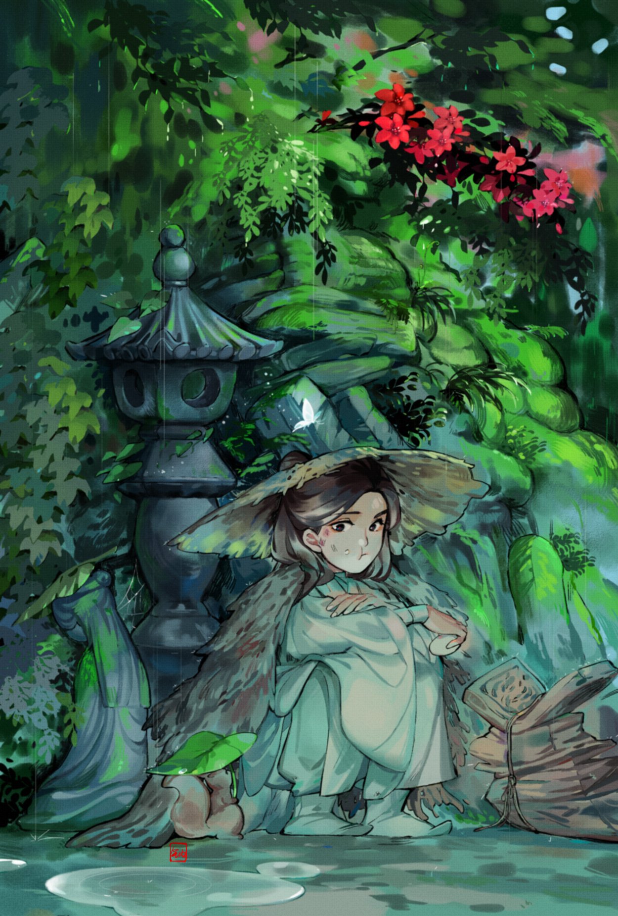1boy, black_eyes, black_hair, bug, butterfly, causticsoda4, flower, hat, highres, insect, leaf, long_hair, male_focus, outdoors, plant, rain, red_flower, sitting, solo, statue, tian_guan_ci_fu, xie_lian