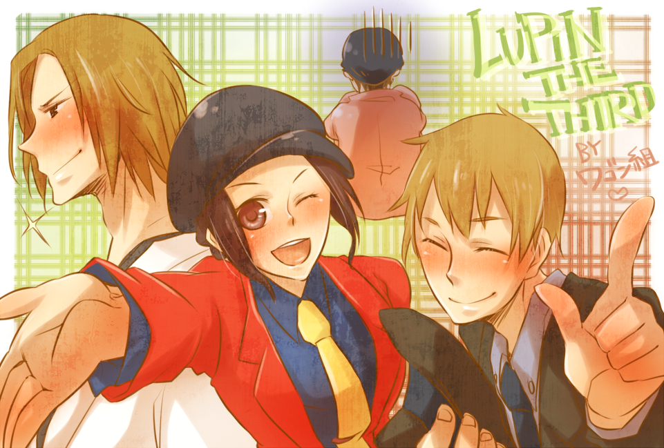 arsene_lupin_iii_(cosplay), bad_id, blonde_hair, brown_eyes, brown_hair, closed_eyes, cosplay, durarara!!